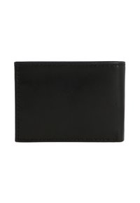 Portefeuille en cuir noir avec une texture lisse, design pliable, et couture visible le long des bords. Pas de motifs externes ni de matériel.