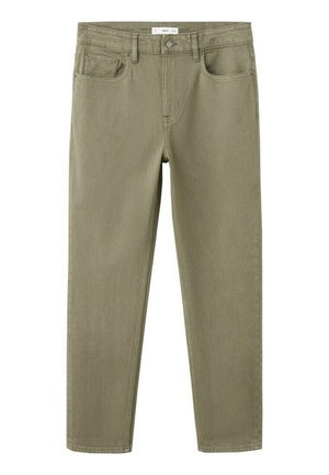 Herren-Jeans in geradem Schnitt und Olivgrün mit vorderem Knopf, Reißverschluss, Gürtelschlaufen und Fünf-Taschen-Design.