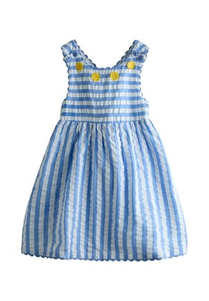 Modré a biele pruhované bezrukávové šaty pre batoľa s vlnkovanými okrajmi, gombíkovými ramienkami a štyrmi žltými kvetinovými aplikáciami na hrudi.