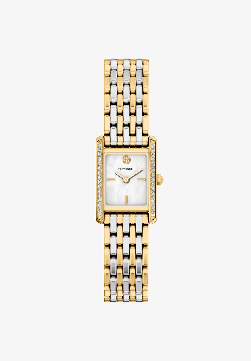 Gold and silver-tone rectangular watch with a mother-of-pearl dial, diamond accents, and a linked bracelet design.