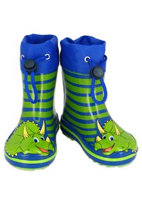 Des bottes de pluie en caoutchouc vertes et bleues présentent des rayures verticales, un haut avec cordon de serrage et des dessins de dinosaures de dessin animé sur les côtés.