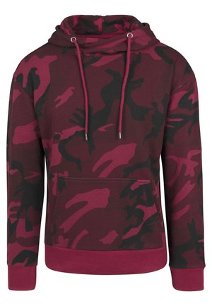Maroonowa bluza w kamuflażu, z kapturem na sznurek, długimi rękawami, kieszenią z przodu oraz ściągaczami u dołu i na rękawach. Wykonana z miękkiego materiału.