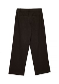 Black pinstriped straight-leg trousers with belt loops and two back welt pockets, shown from the rear on a white background.