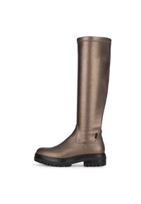 Botas metálicas bronce hasta la rodilla con un acabado suave, suela de goma y detalles de costura en la parte superior. Incluye un tirador en el lateral.