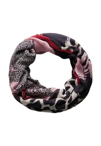 Ronde sjaal van zachte stof met een mix van dierenprints in tinten roze, zwart en crème. Soepele textuur met gelaagd ontwerp.
