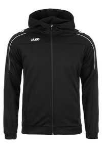 Zwarte zip-up hoodie van glad, lichtgewicht materiaal. Voorzien van een capuchon, contrasterende witte strepen op de schouders en een logo op de borst.