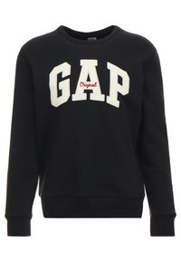 Black sweatshirt made of cotton, featuring white raised "GAP" logo with red "Original" text, crew neck, and long sleeves.
