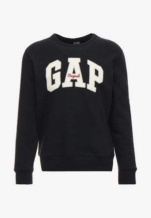 Sweatshirt noir en coton, avec un logo "GAP" en relief blanc et le texte "Original" en rouge, col rond et manches longues.