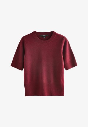 Short-sleeve burgundy knit sweater with ribbed crew neckline, sleeve cuffs, and hem, laid flat on a white background.