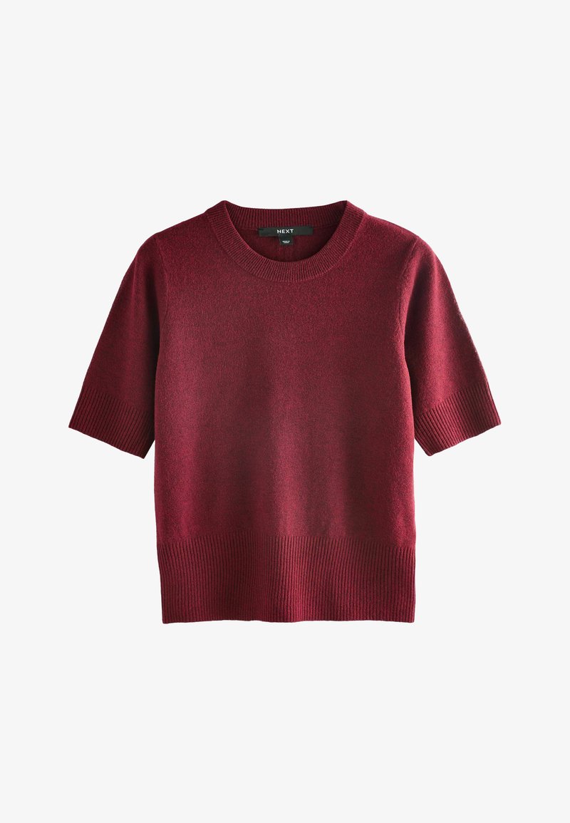 Short-sleeve burgundy knit sweater with ribbed crew neckline, sleeve cuffs, and hem, laid flat on a white background.