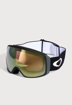 Masque de ski Oakley avec un large écran miroir vert et doré, une monture et une sangle noires, et un rembourrage intérieur blanc.