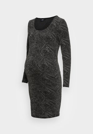 Robe de maternité noire à manches longues avec motif géométrique scintillant argenté et encolure dégagée, longueur genou, silhouette ajustée.