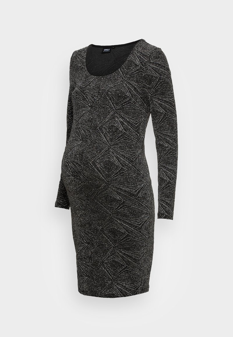 Robe de maternité noire à manches longues avec motif géométrique scintillant argenté et encolure dégagée, longueur genou, silhouette ajustée.