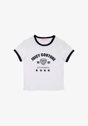 White cotton t-shirt with black contrast ribbed collar and sleeves, featuring "JUICY COUTURE 1997 CALIFORNIA" printed in bold, with five stars.