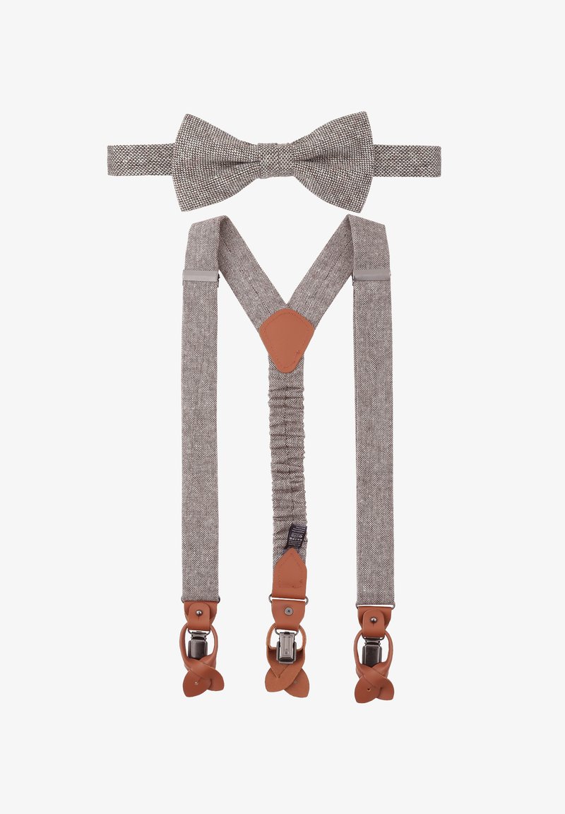 Grau strukturierte Hosenträger mit braunen Lederakzenten und Clips, begleitet von einer passenden grauen Fliege aus einem ähnlichen Material und Muster.