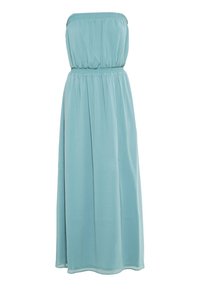 Robe maxi sans bretelles, bleu clair, avec un haut et une taille smockés élastiques, présentant une jupe fluide et froncée.
