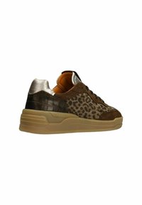 Brown and leopard print sneaker with a metallic silver heel and textured leather accents. Features a rubber sole and black laces.