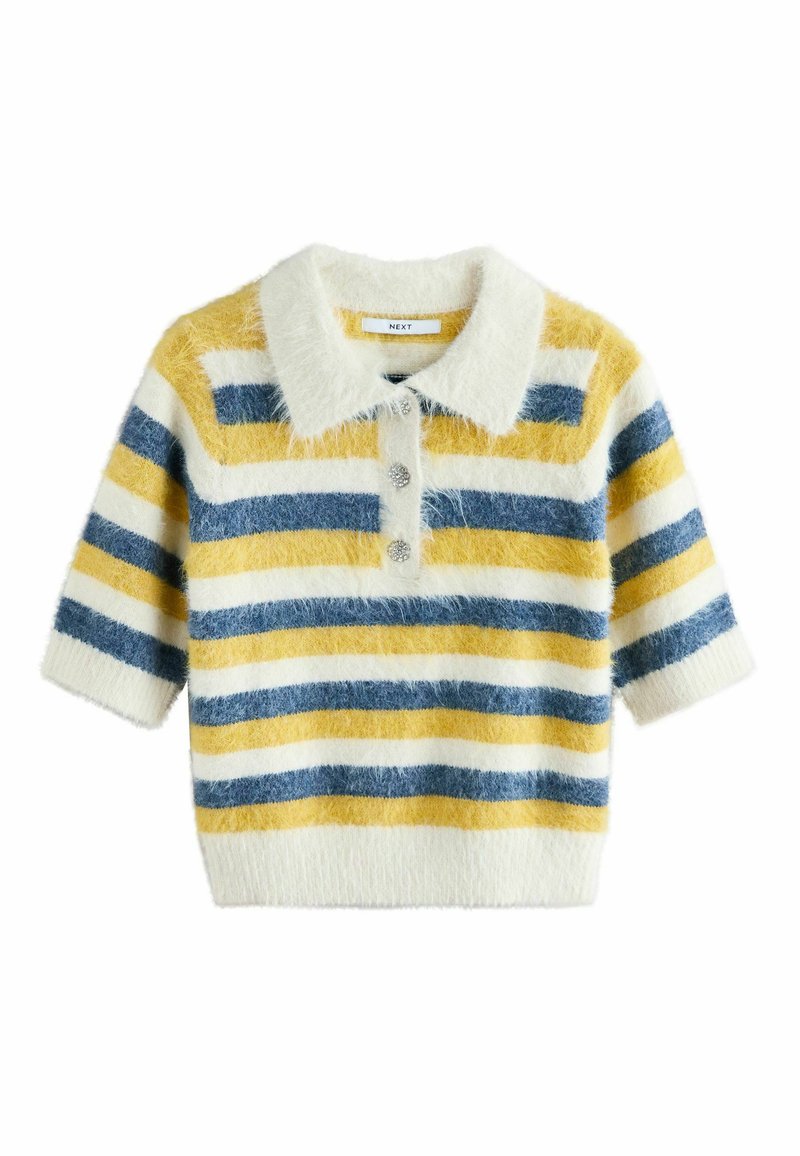 Suéter polo a rayas con textura suave y esponjosa. Los colores incluyen blanco, amarillo y azul. Cuenta con una tapeta de tres botones y mangas cortas.