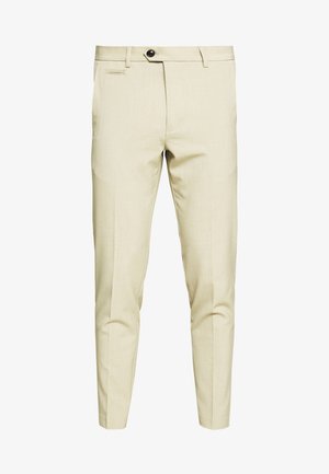 Beige színű öltönynadrág, elegáns kialakítással, testre szabott fazonnal, finom textúrával és egy elülső zsebbel, fekete gombbal záródva.