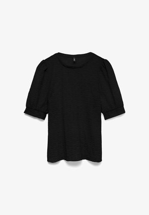 Top nero in tessuto texturizzato con maniche corte a sbuffo, scollo rotondo e risvolti. Il tessuto presenta un sottile motivo intrecciato.