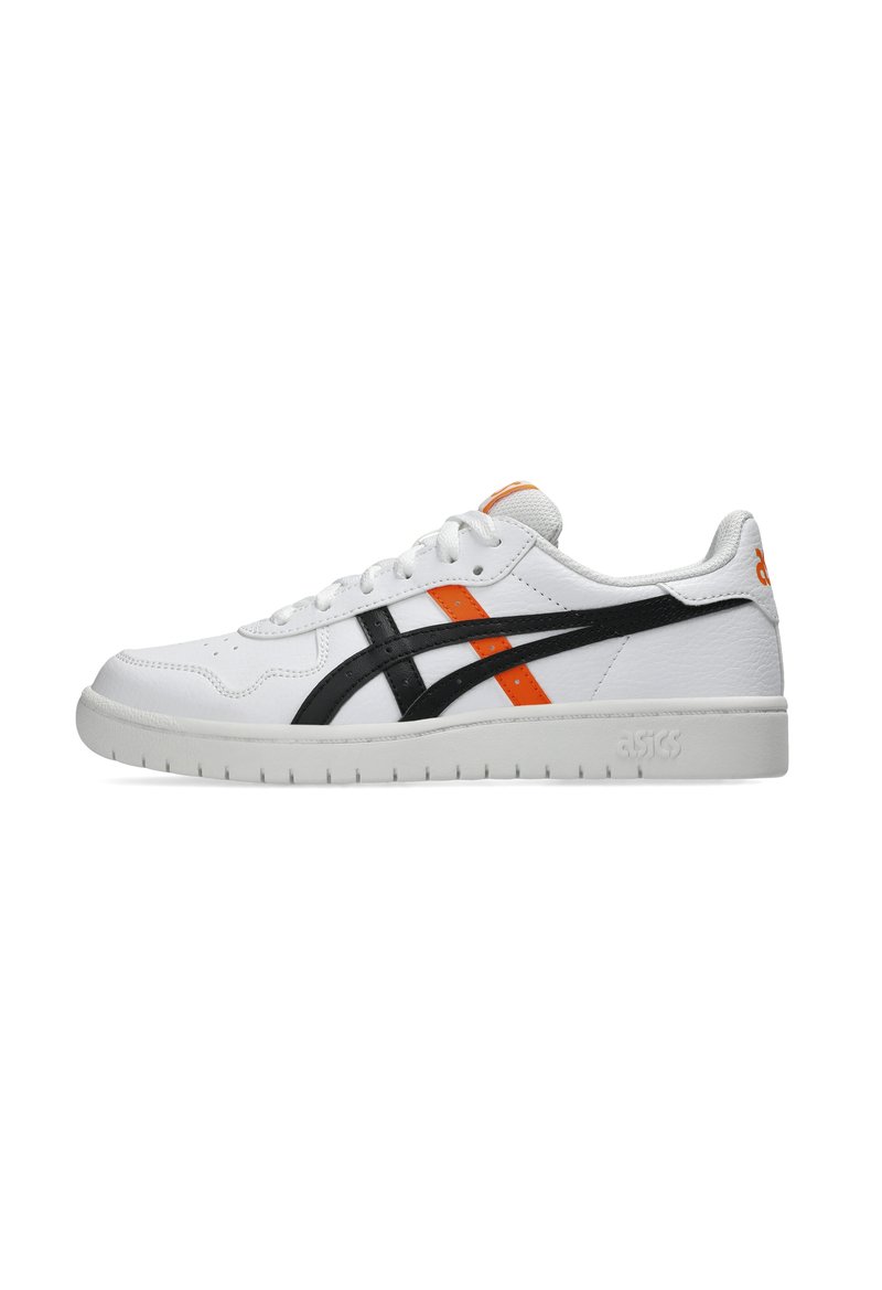 White sneakers with black and orange accents, featuring a smooth leather upper, textured lining, and a rubber sole with visible tread pattern.