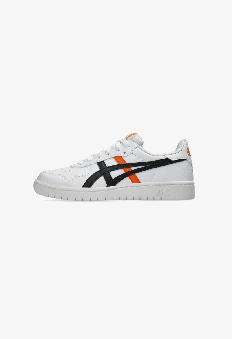 White sneakers with black and orange accents, featuring a smooth leather upper, textured lining, and a rubber sole with visible tread pattern.