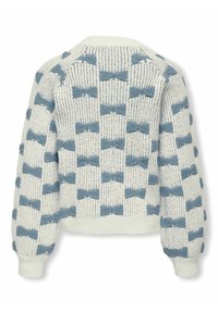 Cremfarbener Pullover mit blauem strukturiertem Schleifenmuster, gerippten Bündchen und Saum, in kastiger Form und mit Raglanärmeln. Aus weichem Strickstoff.