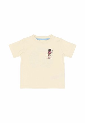 Lys beige bomulds-t-shirt med en tegneserieisfigur i lyserøde og brune farver, korte ærmer og rund hals.