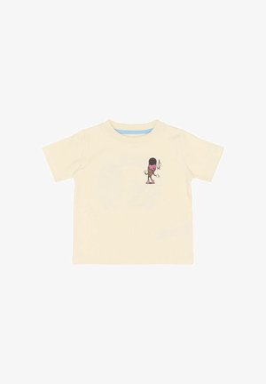 Lys beige bomulds-t-shirt med en tegneserieisfigur i lyserøde og brune farver, korte ærmer og rund hals.