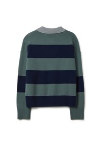 Suéter de rayas verde y marino con un cuello de canalé gris. Presenta un corte relajado y mangas largas con puños de canalé. Textura de punto suave.