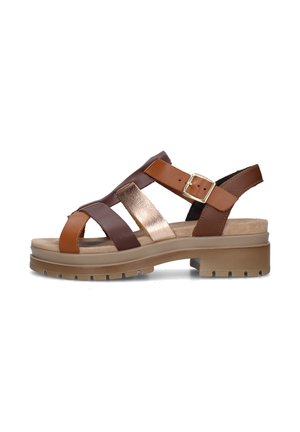 Sandalo in pelle marrone e beige con cinturini, fibbia dorata, suola imbottita e tacco a piattaforma spesso con battistrada.
