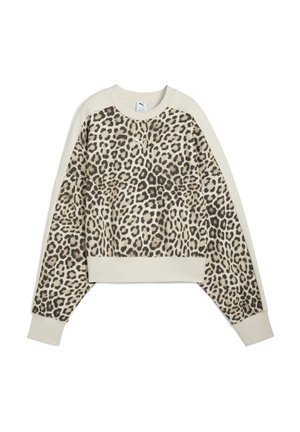 Leopard print sweatshirt with beige accents, ribbed cuffs and hem. Features a crew neck and dropped shoulder design. Made from soft fabric.