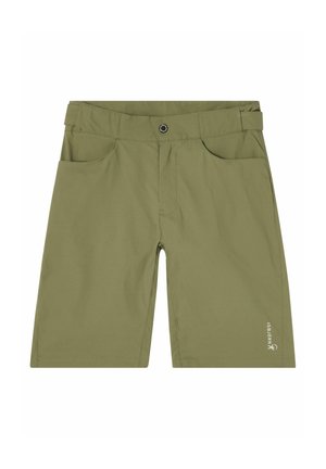 Olivenfarvede knælange shorts med forlommer, bæltestropper, knaplukning og lille hvidt logo på højre ben nederst.