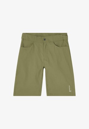 Olivenfarvede knælange shorts med forlommer, bæltestropper, knaplukning og lille hvidt logo på højre ben nederst.