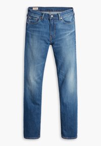 Light blue denim jeans with a straight leg design, featuring stitching details, a button closure, and five pockets.