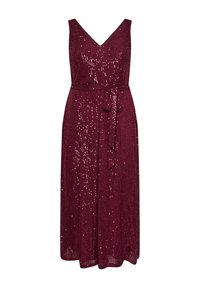 Vestido sin mangas burdeos con escote en V, adornos de lentejuelas, cintura ajustada con un cinturón de tela y falda de longitud midi.