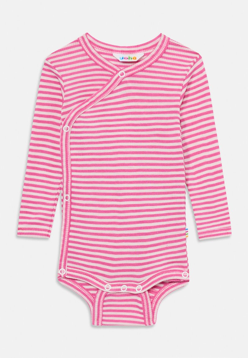 Roza in bela črtasta bodi z dolgimi rokavi, z zavitim dizajnom in zapri zaponkami, izdelan iz mehke tkanine. Ima pisan oznako ob strani.