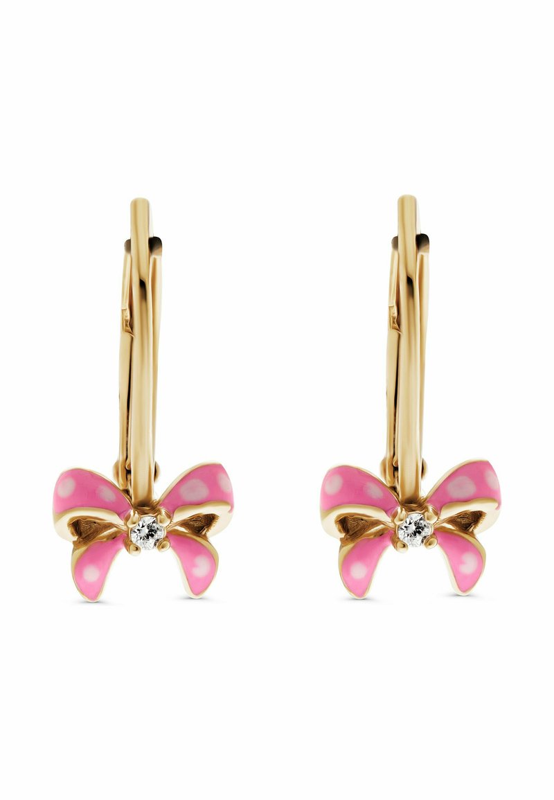 Orecchini a cerchio in oro con fiocchi rosa smaltati con pois bianchi e un centrale zirconia cubica trasparente.