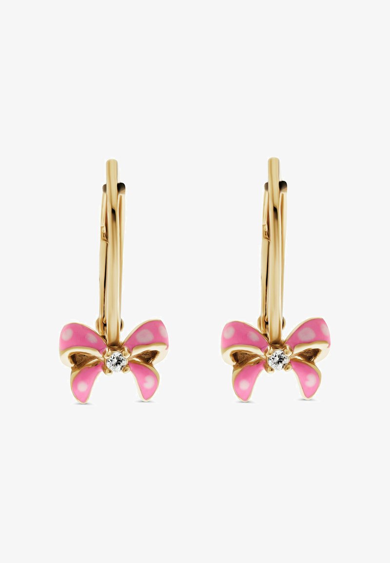 Orecchini a cerchio in oro con fiocchi rosa smaltati con pois bianchi e un centrale zirconia cubica trasparente.