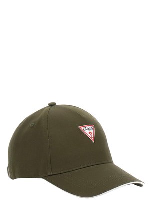 Casquette de baseball vert olive en tissu avec une visière courbée et un petit logo triangulaire rouge et blanc à l'avant.
