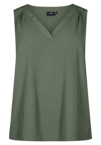 Top senza maniche verde oliva con scollo a V, tessuto testurizzato e pieghe vicino alle spalle. Vestibilità rilassata, orlo dritto, senza decorazioni.