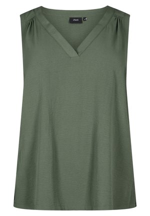 Sleeveless olive green top with a V-neck, textured fabric, and pleats near the shoulders. Relaxed fit, straight hem, no embellishments.