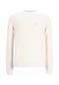 Bijela pletena majica s crew neck izrezom, s teksturiranim uzorkom, dugim rukavima, rebrastim rubovima i suptilnim logotipom na prsima.