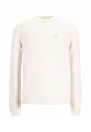 White knit crewneck sweater with a textured pattern, long sleeves, ribbed cuffs, and a subtle logo on the chest.