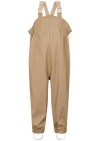 Tan wasserdichte Latzhosen aus weichem, flexiblem Material. Verfügt über verstellbare Träger und elastische Bündchen, mit Schlaufen am unteren Ende für einen sicheren Sitz.