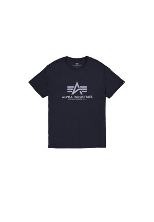 Tumesinine puuvillane T-särk lühikeste varrukatega, millel on heledates hallides geomeetriliste elementidega trükitud logo, ümmargune kaelus ja lõdva istuvus.