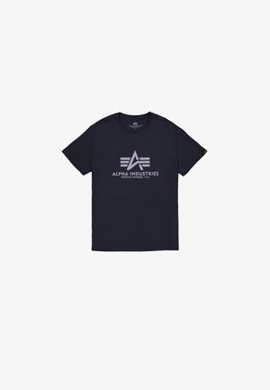 T-paita laivastonsinistä puuvillaa lyhyillä hihoilla, jossa on painettu logo vaaleanharmailla geometrisilla elementeillä, pyöreä kaula-aukko ja rento malli.