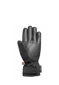 Schwarze wasserdichte Winterhandschuhe mit Lederhandfläche, verstellbarem Handgelenkriemen und kleinen orange-schwarzen Schnallenakzenten.