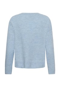 Pull tricoté bleu clair à manches longues avec un col rond et des poignets et un ourlet côtelés, vu de dos.