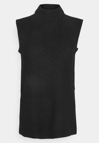 Černý bezrukávový rolák s texturovaným pleteným vzorem, vysokým límcem a volným střihem.